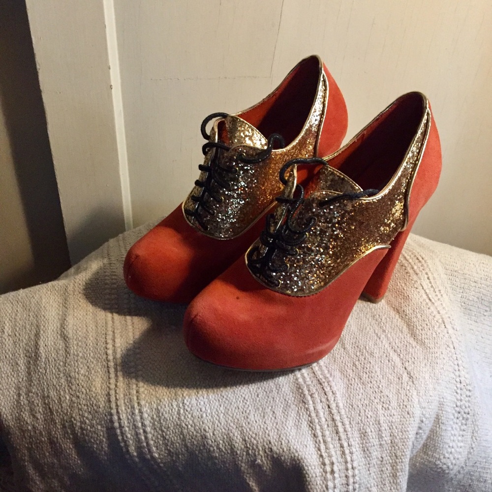 Gold/Coral Orange Platform Glam Circus Girl Heels